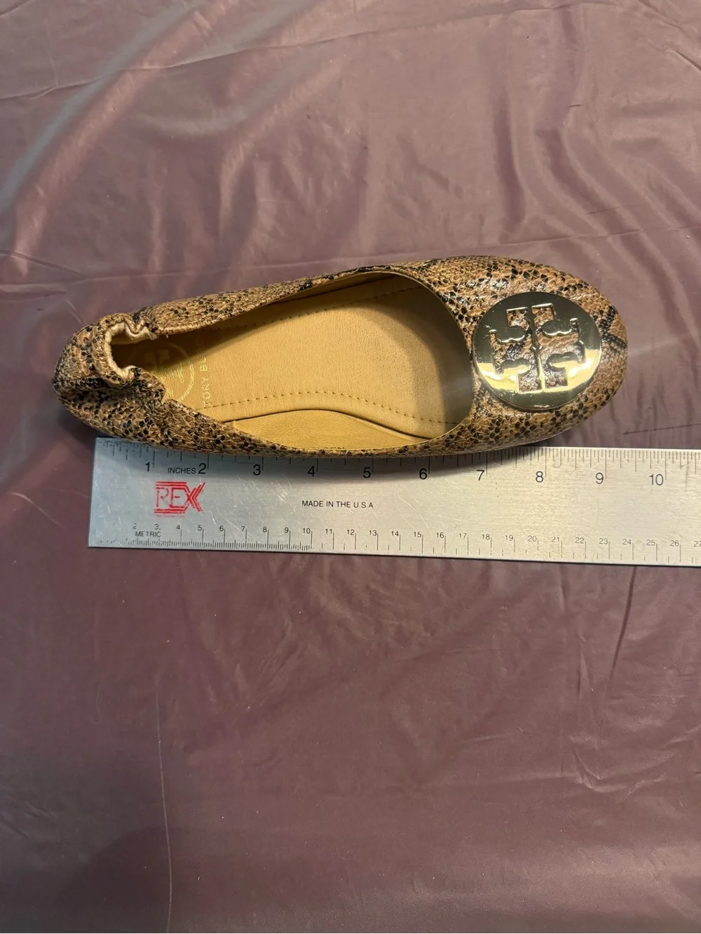 Tory Burch Reva Brown Snakeskin Gold Logo Ballet Flats Size UK 37/US 6 $328
